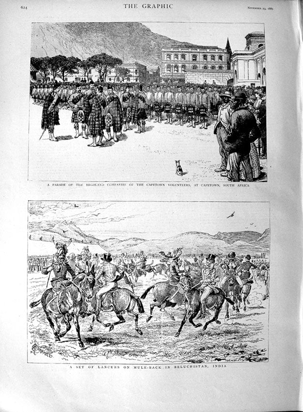 Old Antique Print 1889 Lancers Beluchistan India Capetown Africa Scottish 19th