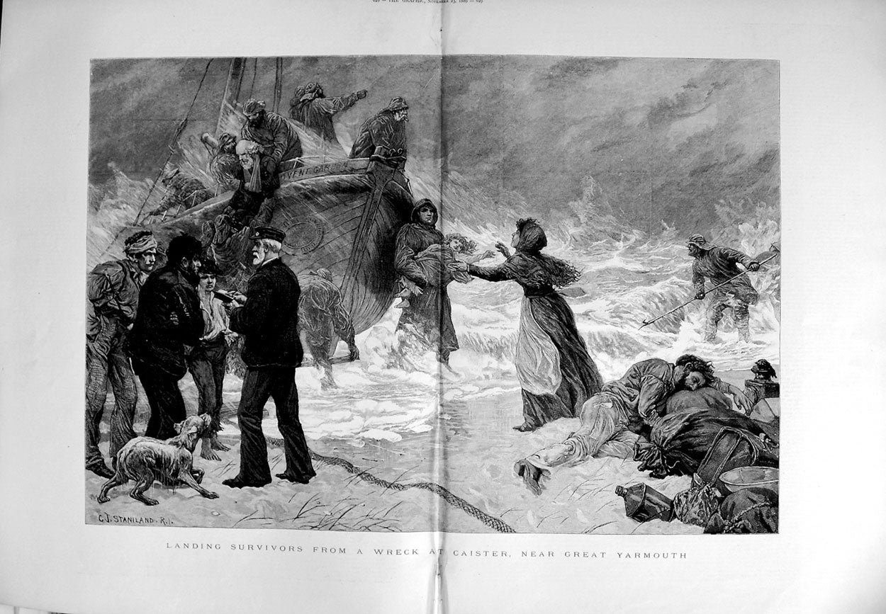 Old Antique Print 1889 Ship Wreck Survivors Caister Great Yarmouth Storm 19th