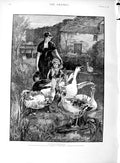 Old Antique Print 1889 Yeend King Fine Art Mother Little Girl Geese River 19th