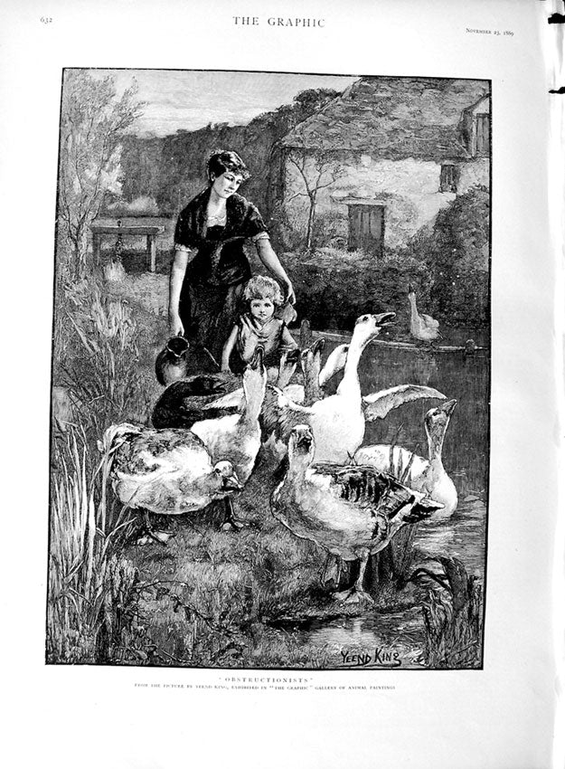 Old Antique Print 1889 Yeend King Fine Art Mother Little Girl Geese River 19th