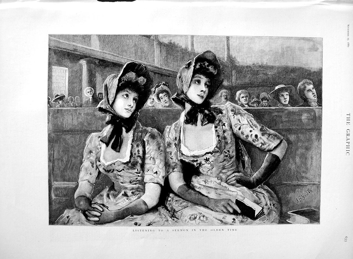 Original Old Antique Print 1889 Ladies Church Listening Sermon en Time Fine Art