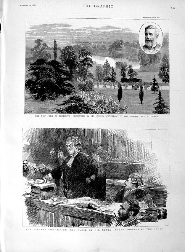 Old Antique Print 1889 Parnell Commission Henry James Court Highgate Park 19th