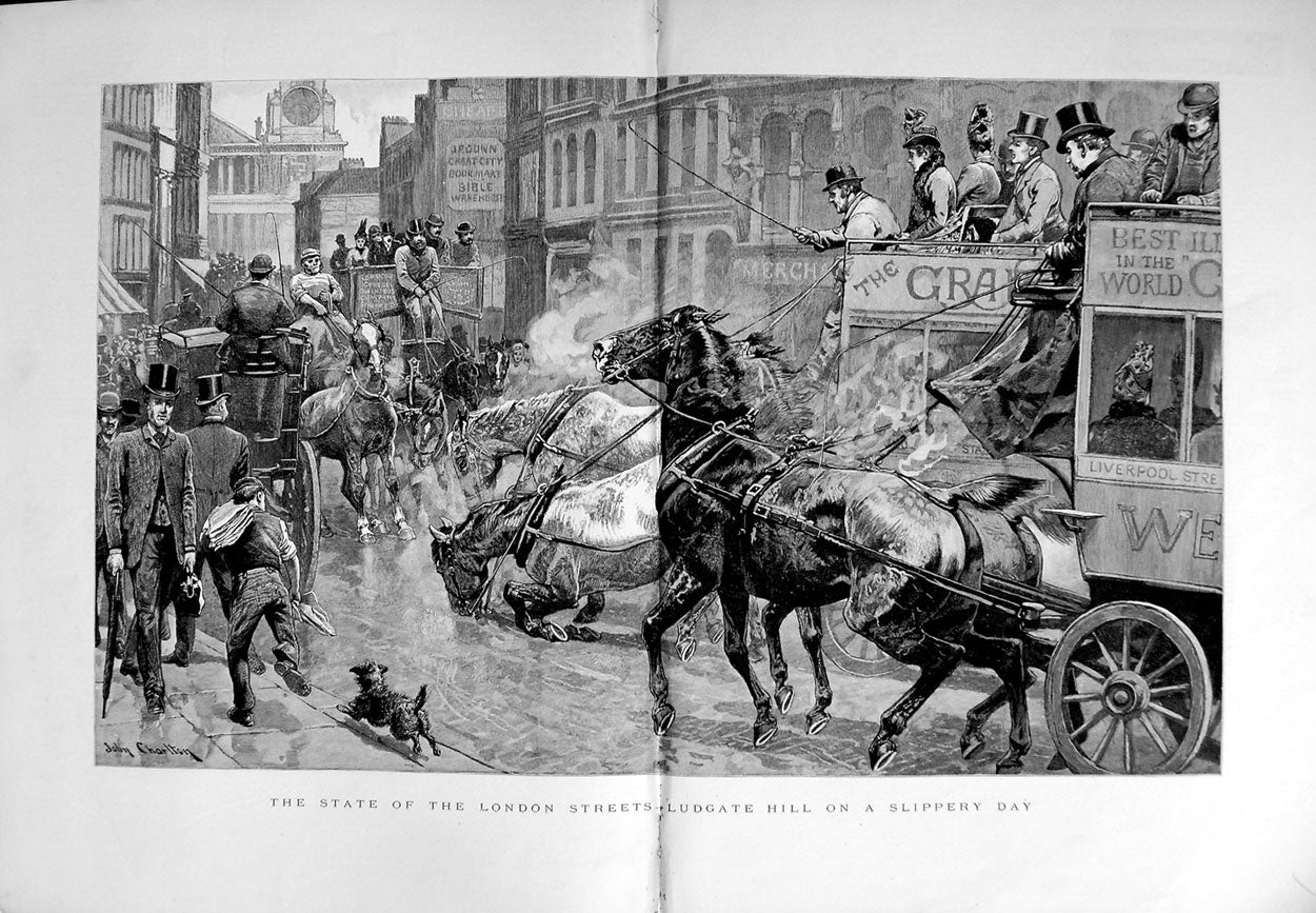 Original Old Antique Print 1889 London Streets Ludgate Horses Slipping Coach