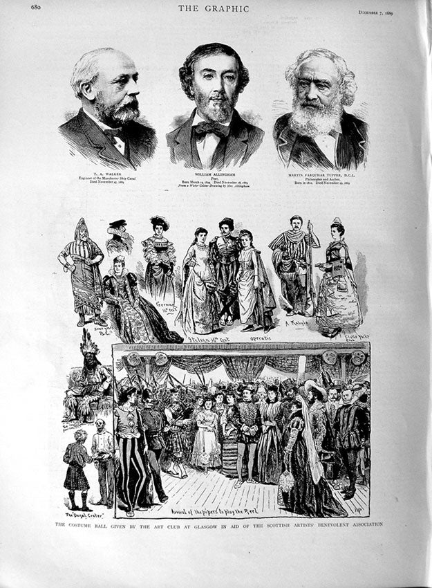 Old Antique Print 1889 Costume Ball Art Club Glasgow Allingham Walker Men 19th
