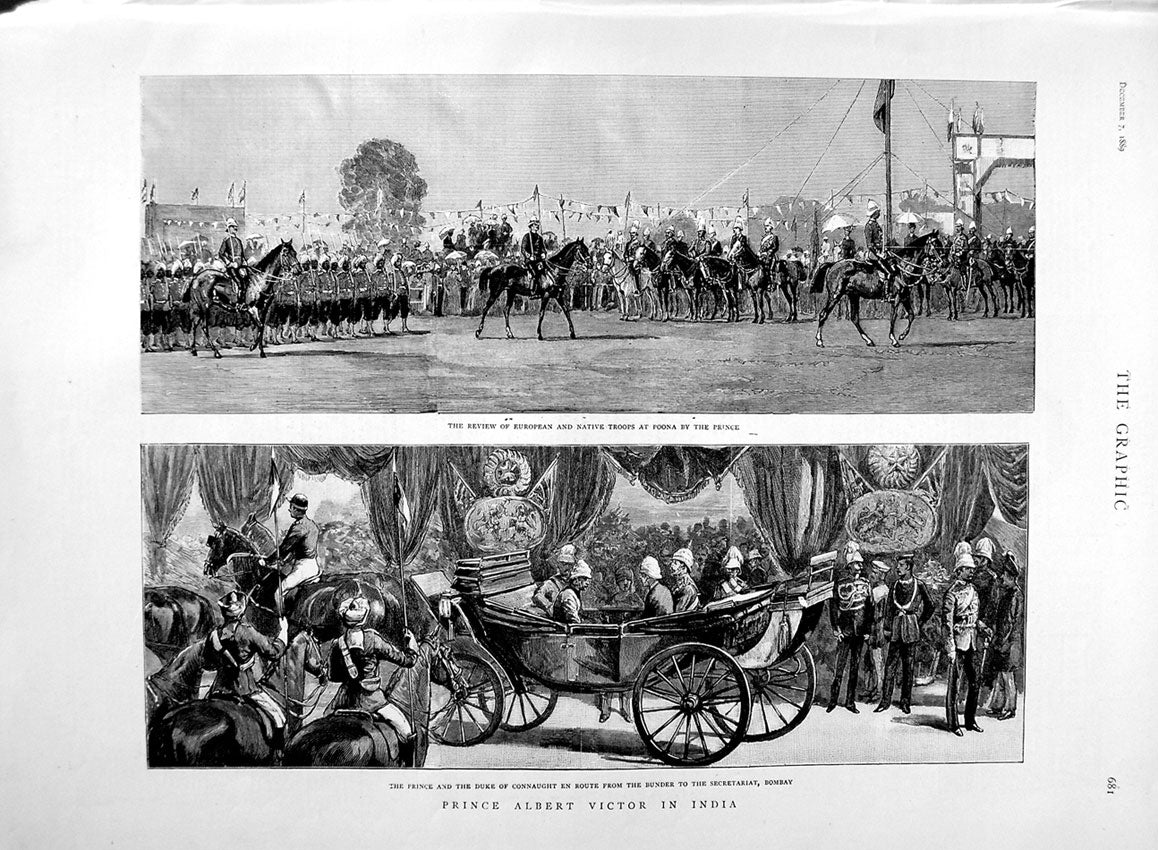 Original Old Antique Print 1889 Prince Albert Victor India Poona Duke Connaught