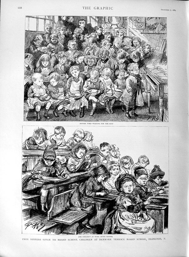 Original Old Antique Print 1889 Free Dinners Children Denmark School Islington