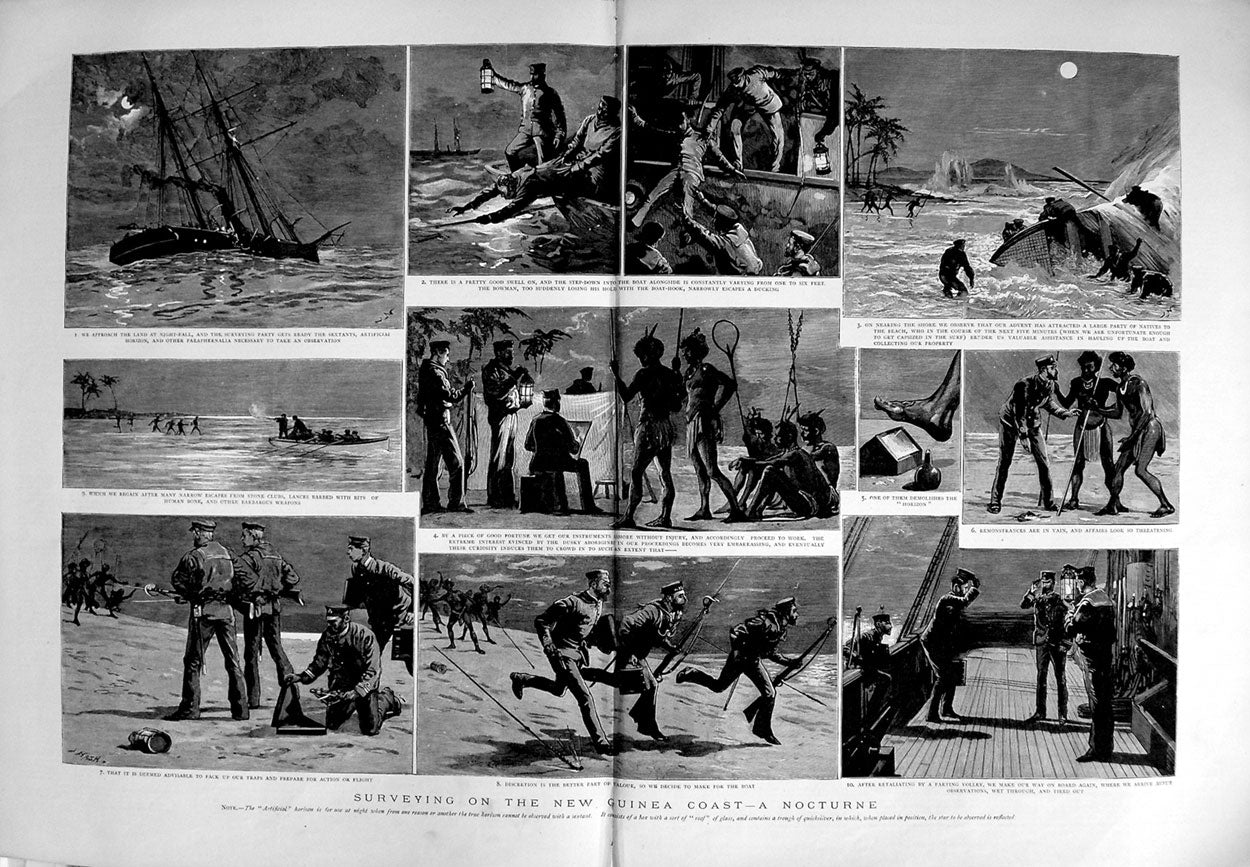 Old Antique Print 1889 Surveying New Guinea Coast Nocturne Sailors Ships 19th
