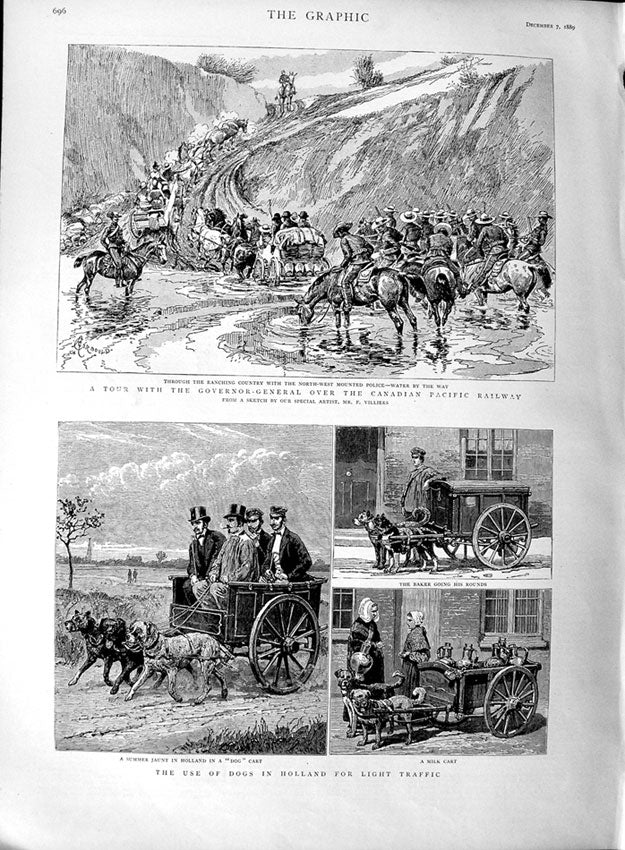 Original Old Antique Print 1889 Dogs Holland Milk Cart Canadian Pacific Railway