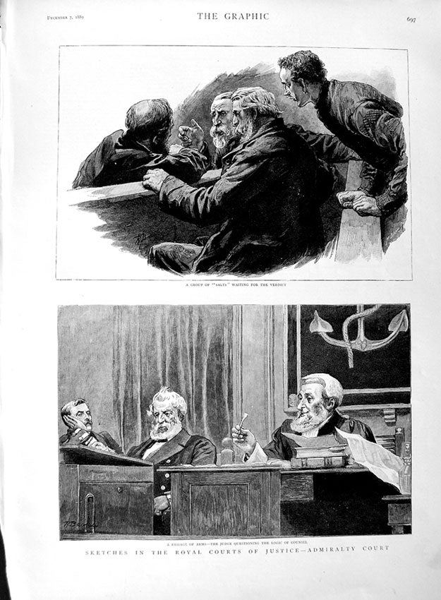 Old Antique Print 1889 Royal Courts Justice Admiralty Judge Counsel Scene 19th