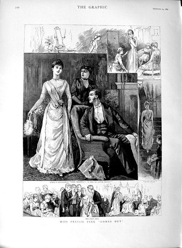 Original Old Antique Print 1889 Miss Prissie Pink Ball Costume Romance 19th