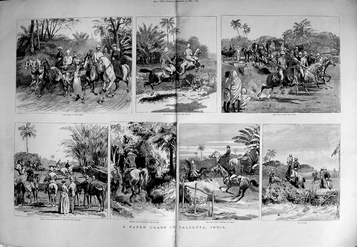 Antique Old Print 1889 Paper Chase Calcutta India Horses Roan Pony Bustee 19th
