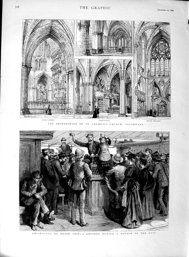 Original Old Antique Print 1889 Lottery Ship Cape Saviour'S Church Southwark