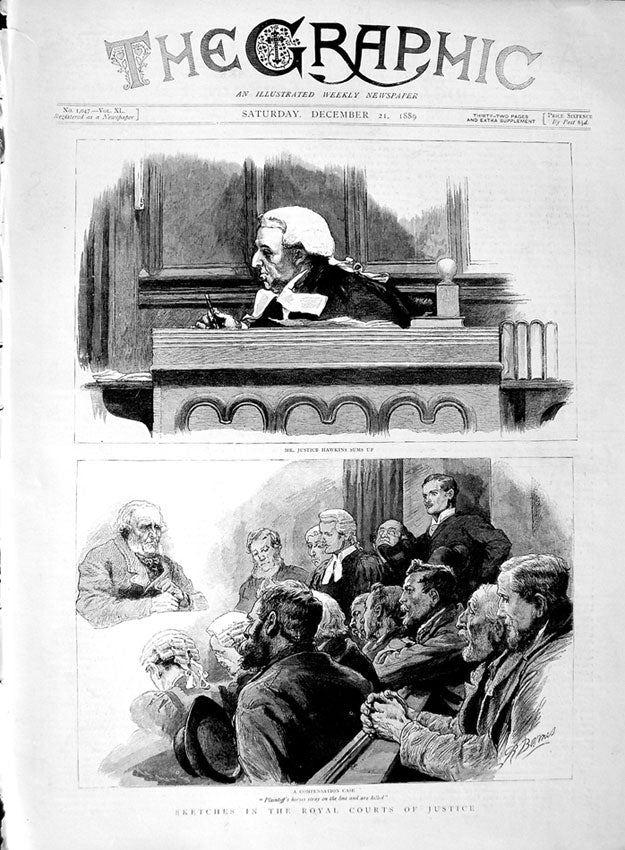 Old Antique Print 1889 Scene Royal Courts Justice Hawkins Plaintiff Men 19th