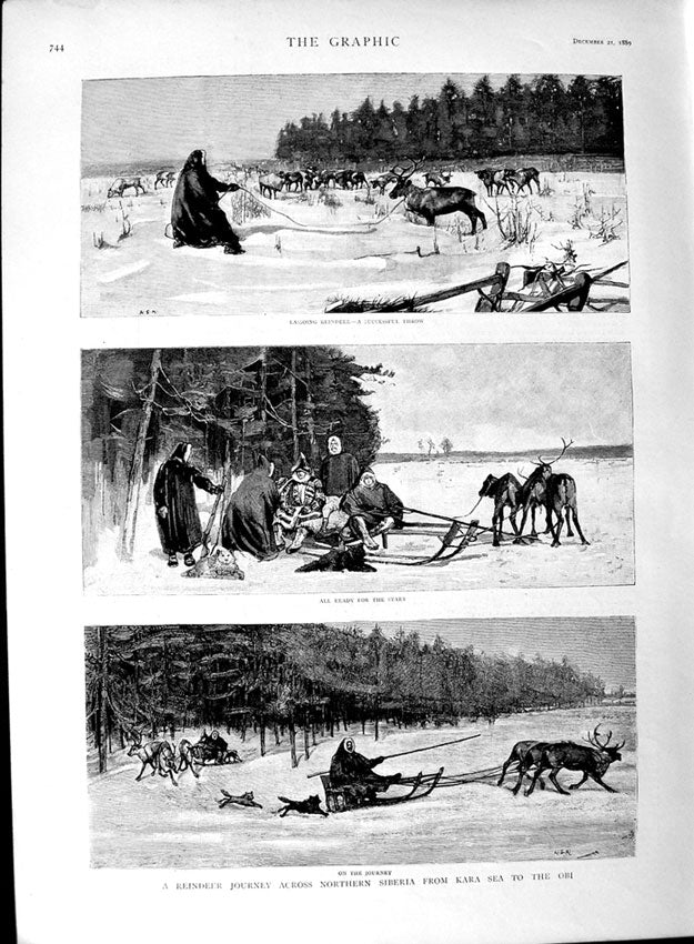 Original Old Antique Print 1889 Reindeer Journey Siberia Kara Obi Snow Sledge