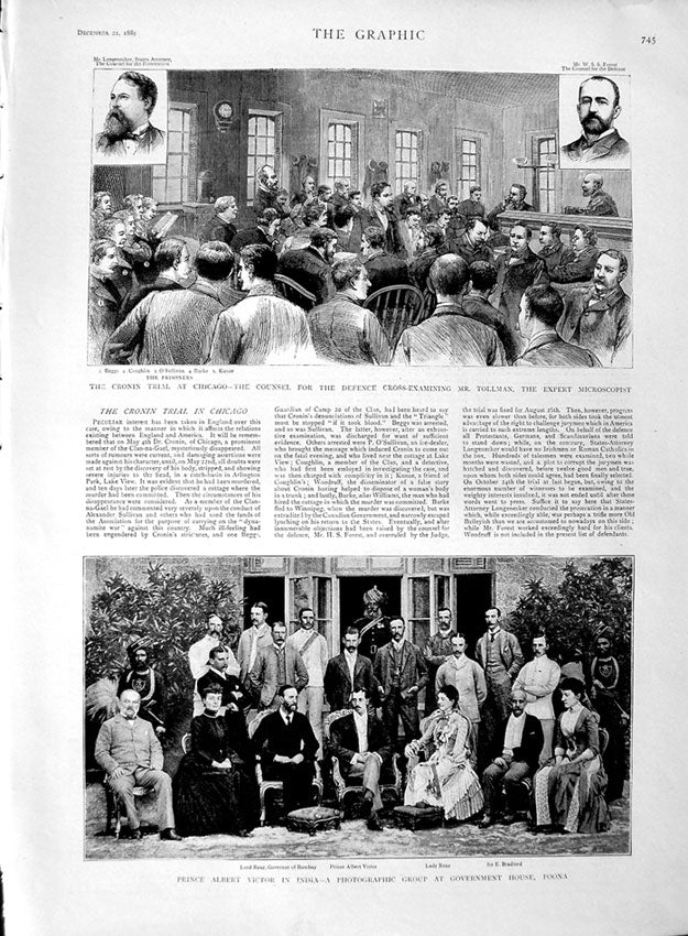 Old Antique Print 1889 Prince Victor India Poona Cronin Chicago Tollman 19th