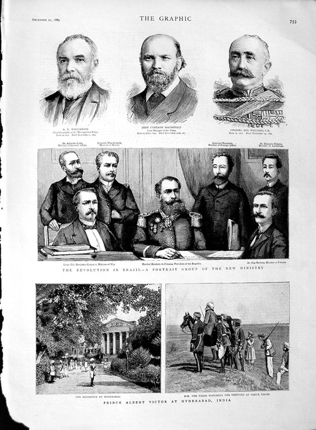 Original Old Antique Print 1889 Brazil Ministry Prince Victor India Macdonald