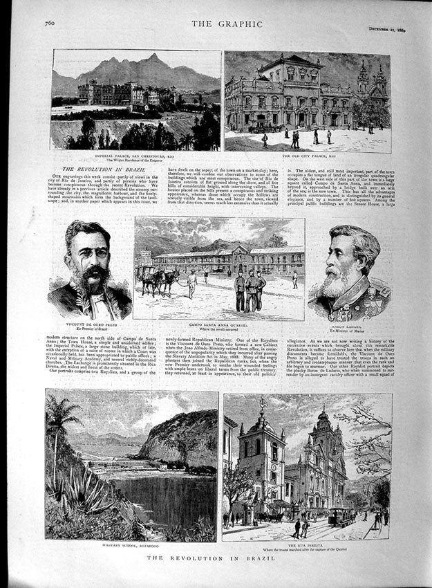 Original Old Antique Print 1889 Brazil Botafogo Palace Christovao Preto Campo
