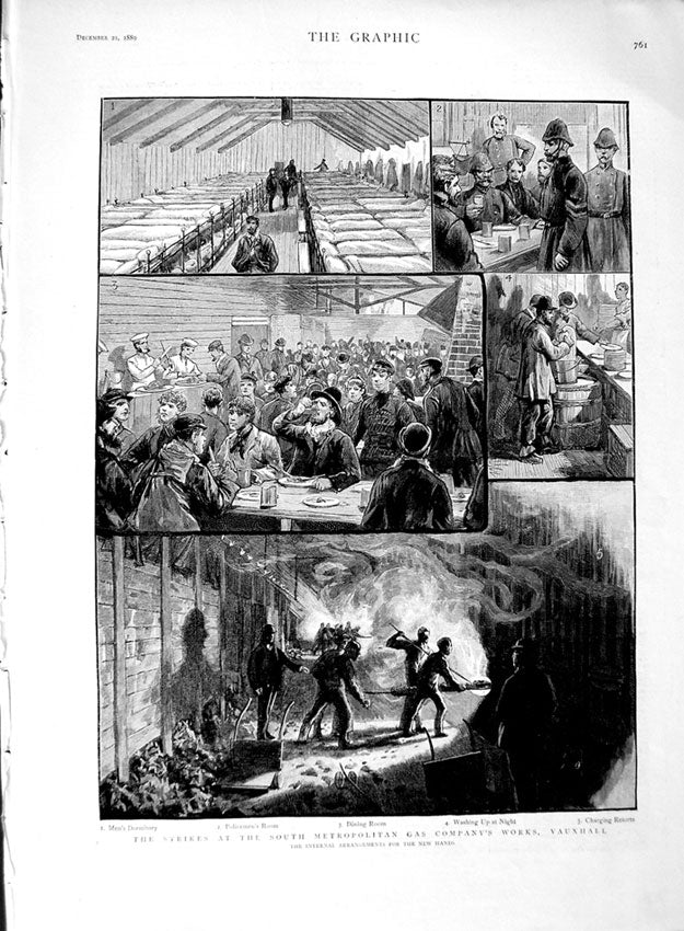 Original Old Antique Print 1889 Strikes Metropolitan Gas Company Works Vauxhall