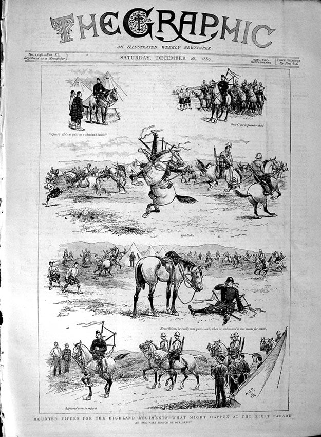 Original Old Antique Print 1889 Mounted Piper Highland Siers Horses Parade 19th