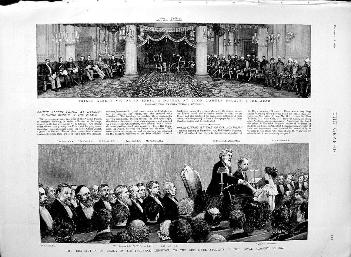 Original Old Antique Print 1889 Prince Victor India Hyderabad Leighton Schools