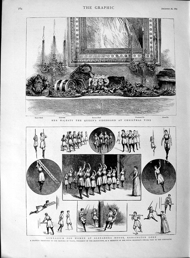 Original Old Antique Print 1889 Queen Christmas Sideboard Gymnasium Kensington