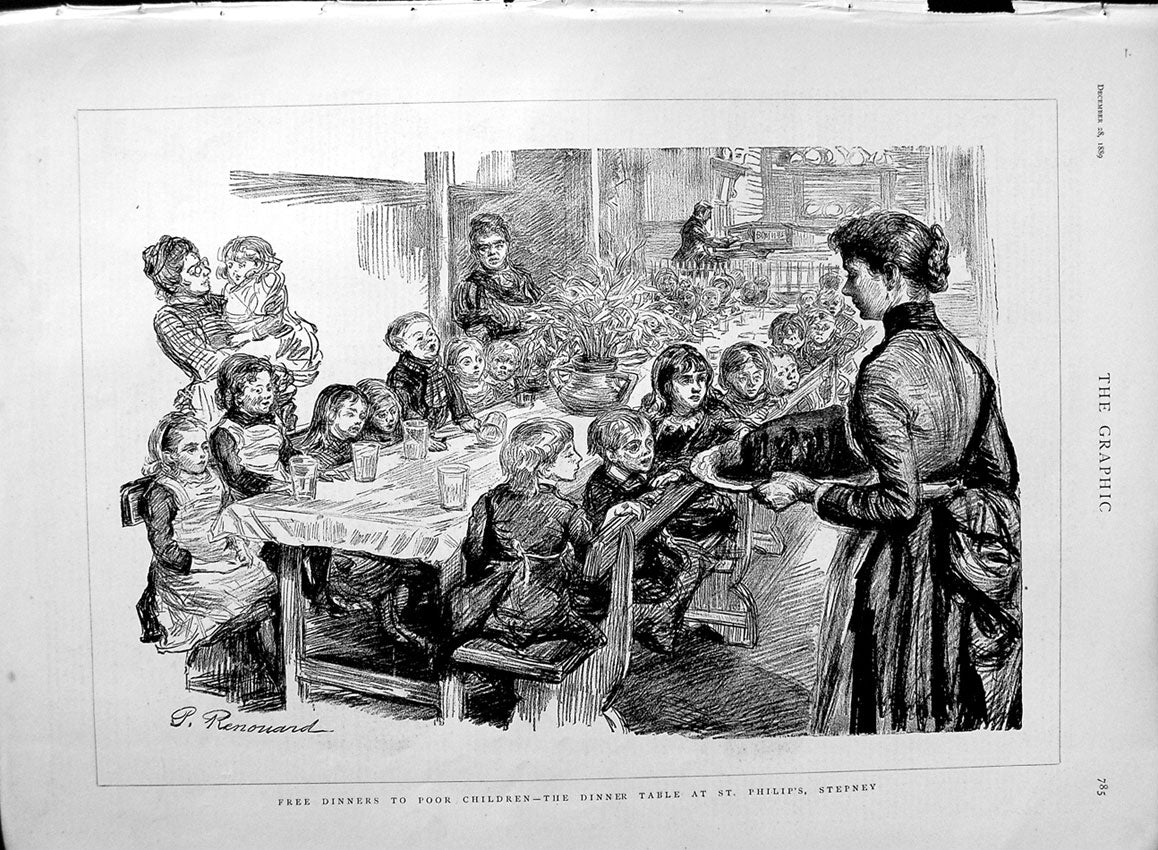 Old Antique Print 1889 Scene Free Dinners Poor Children Phillip'S Stepney 19th