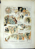 Original Old Antique Print 1889 Colour Fashiones Christmas Family Scene 19th