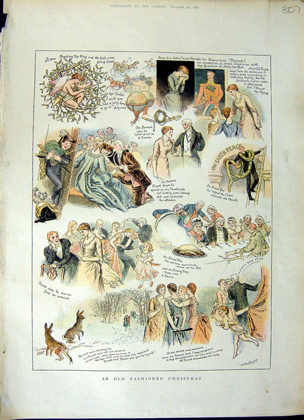 Original Old Antique Print 1889 Colour Fashiones Christmas Family Scene 19th
