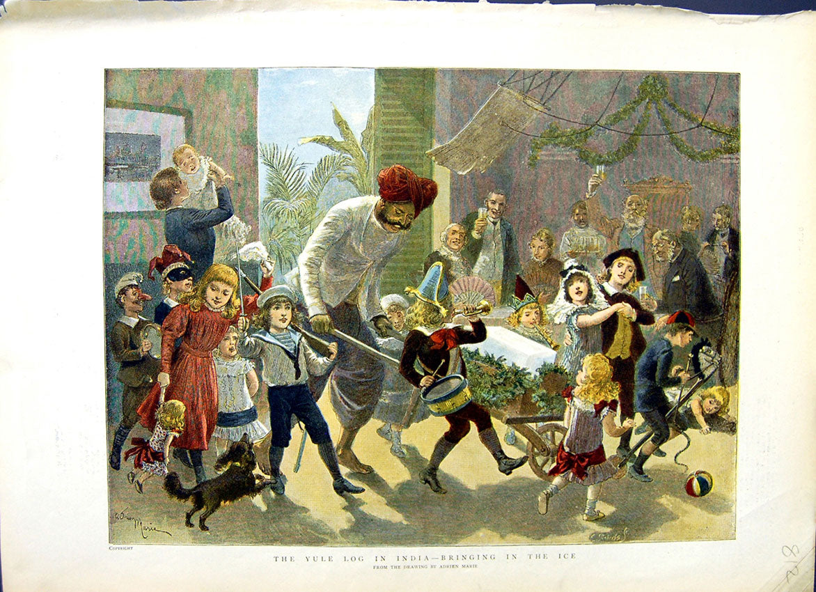 Original Old Antique Print 1889 Colour Yule Log India Christmas Children 19th