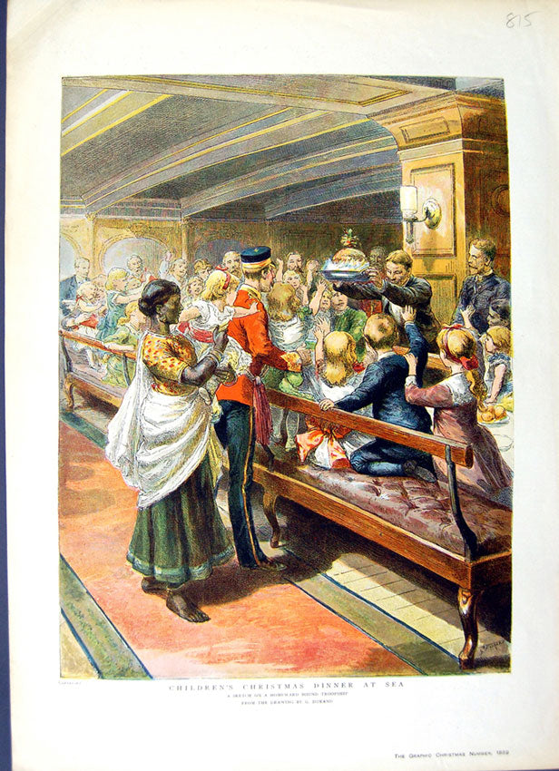 Original Old Antique Print 1889 Colour Children'S Christmas Dinner Ship Sea