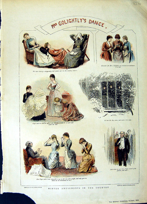 Original Old Antique Print 1889 Winter Amusements Mrs Golightly Dance Romance