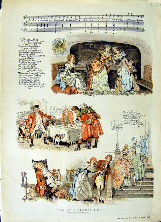 Original Old Antique Print 1889 Story Music Love Christmas Song Percy Macquoid