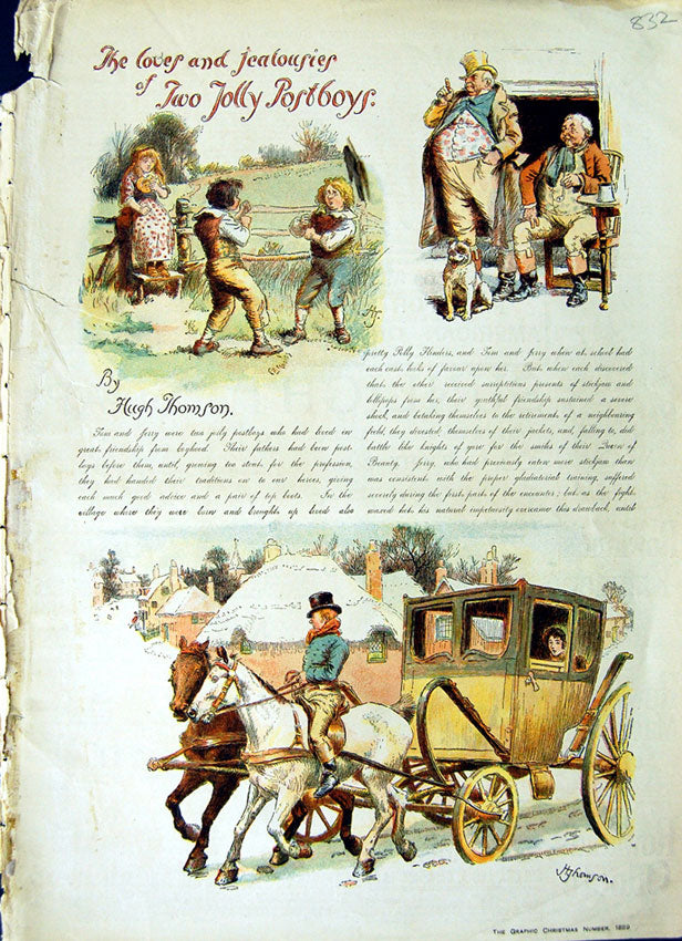 Original Old Antique Print 1889 Story Illustrations Love Jolly Postboys Horses