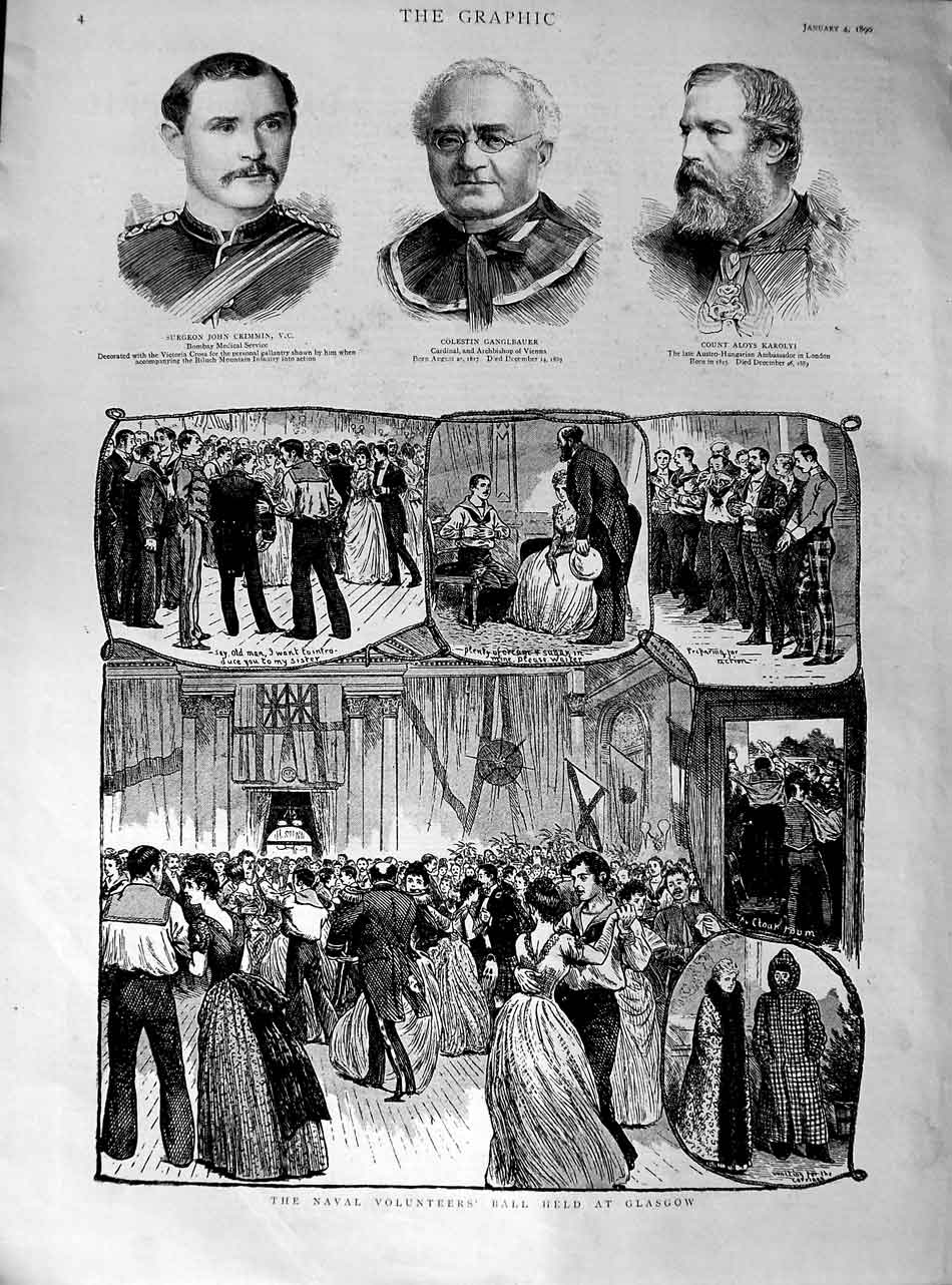 Original Old Antique Print 1890 Naval Volunteer Ball Glasgow Crimmin Ganglbauer