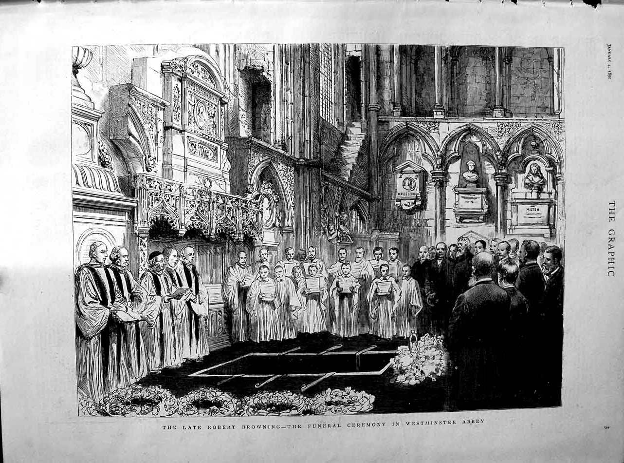 Original Old Antique Print 1890 Robert Browning Funeral Westminster Abbey 19th