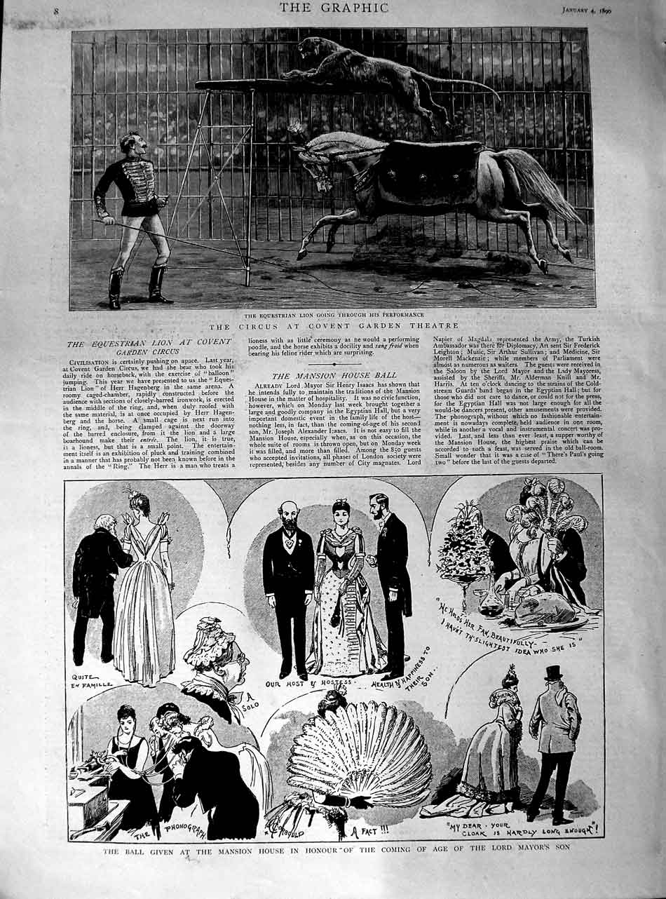 Original Old Antique Print 1890 Circus Covent Garden Theatre Ball Mansion House