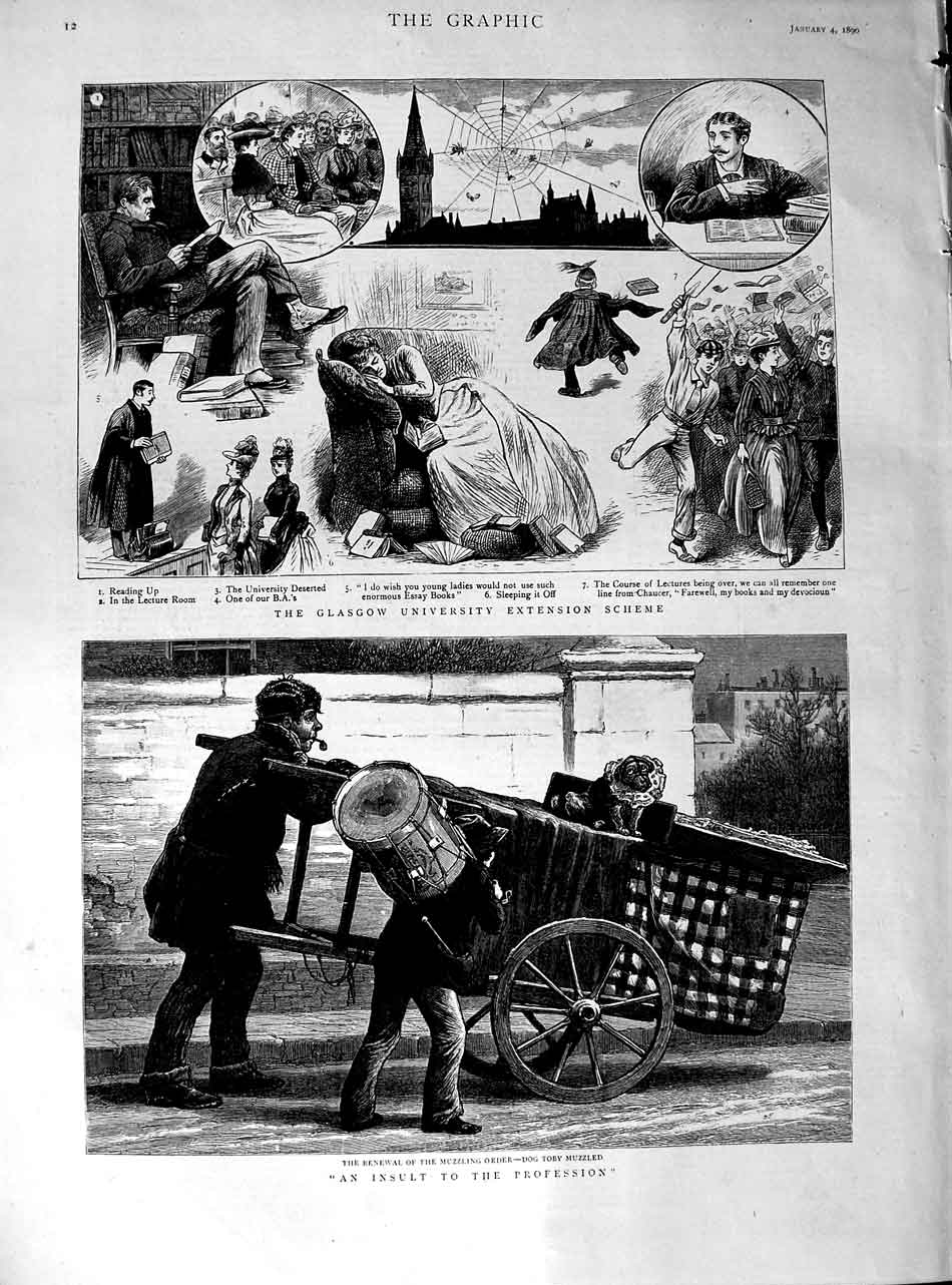 Old Antique Print 1890 Street Entertainer Muzzled Dog Glasgow University 19th