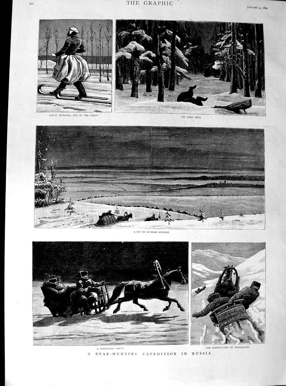 Original Old Antique Print 1890 Bear Hunting Russia Count Munster Snow Sport