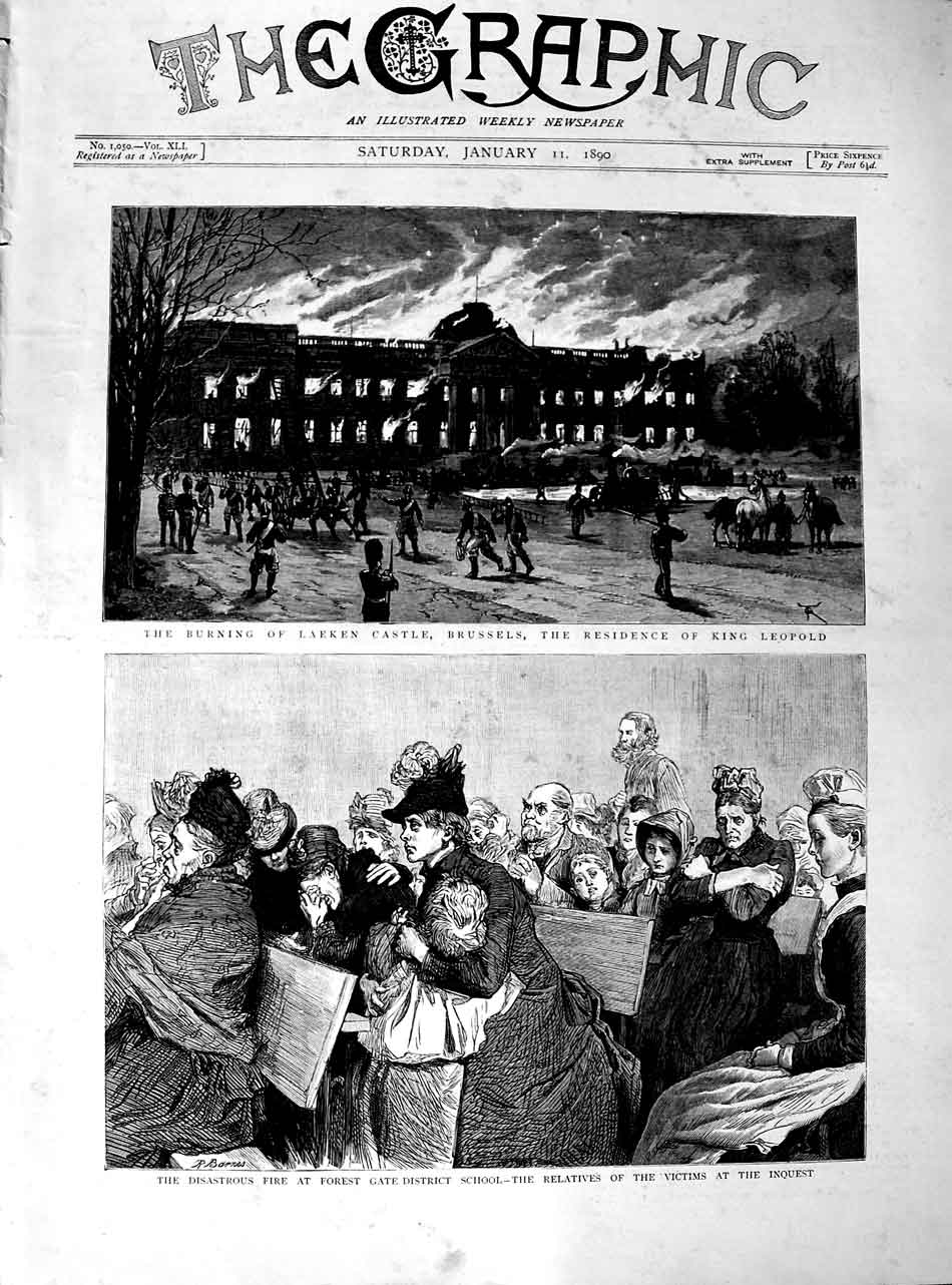 Original Old Antique Print 1890 Fire Laeken Castle Brussels King LeopSchool