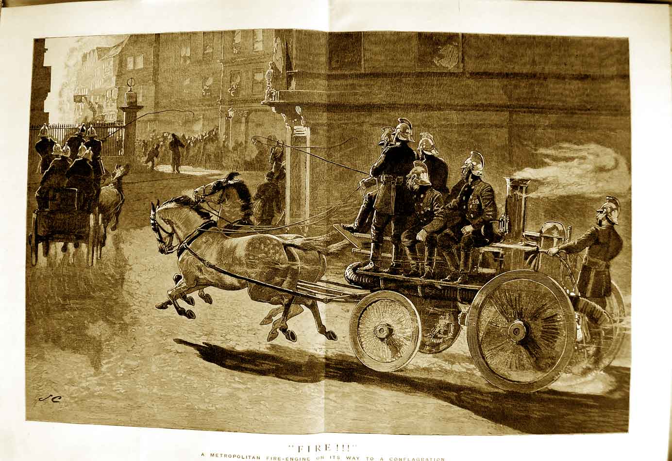 Original Old Antique Print 1890 Sepia Metropolitan Fire-Engine Firemen Horse 0