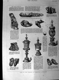 Original Old Antique Print 1890 Exhibits Tudor Exhibition Silver Cup Shoes King