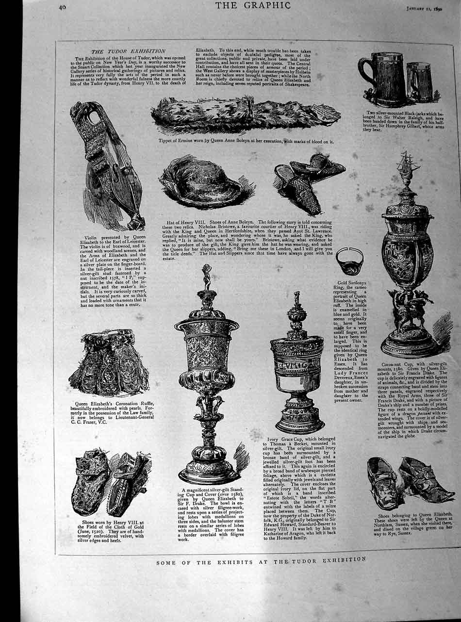 Original Old Antique Print 1890 Exhibits Tudor Exhibition Silver Cup Shoes King