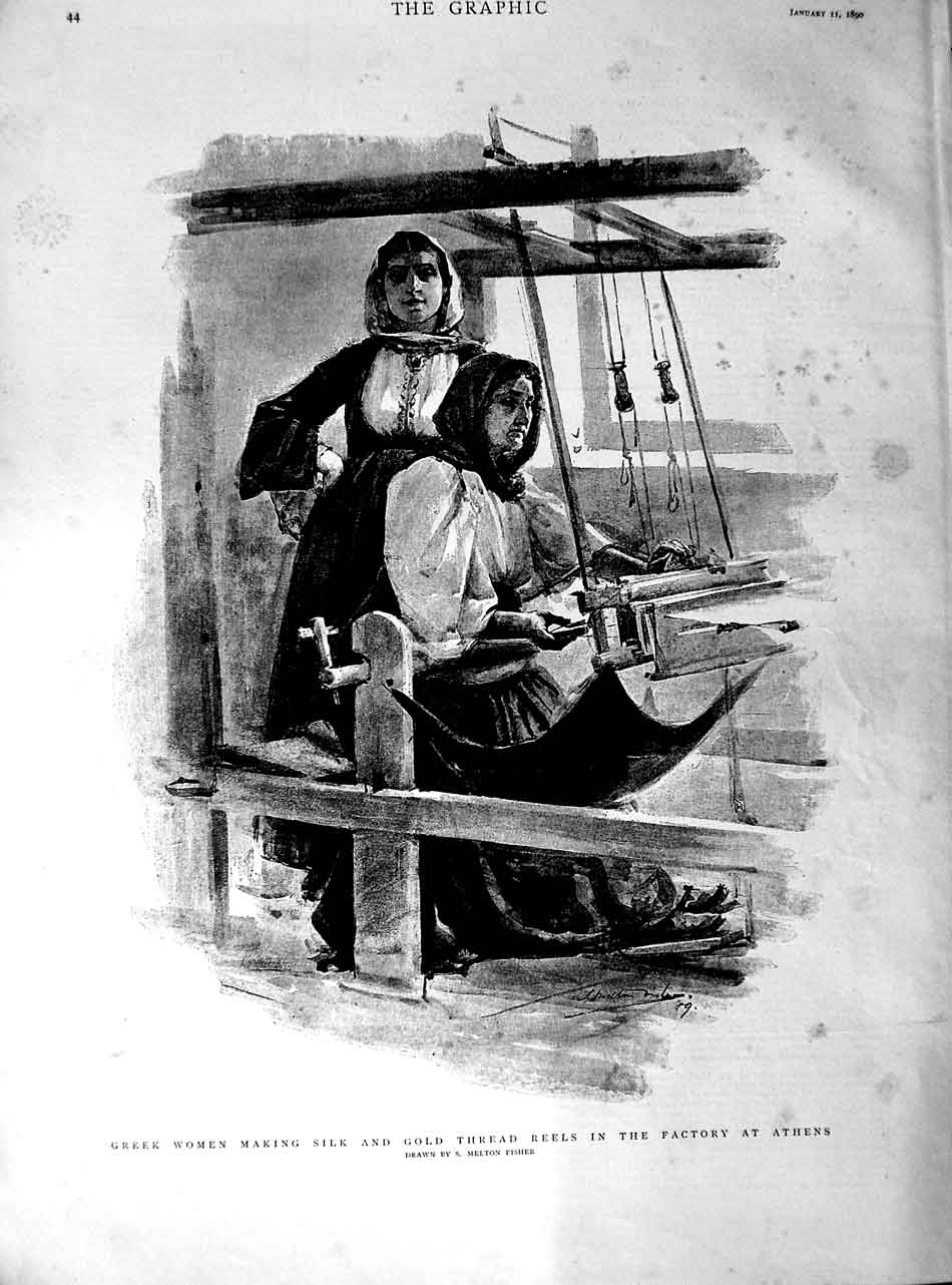 Original Old Antique Print 1890 Greek Women Making Silk GThread Factory Athens