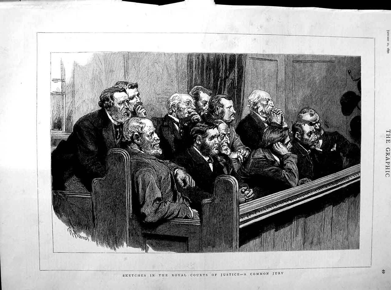Original Old Antique Print 1890 Sketch Royal Courts Justice Common Jury People