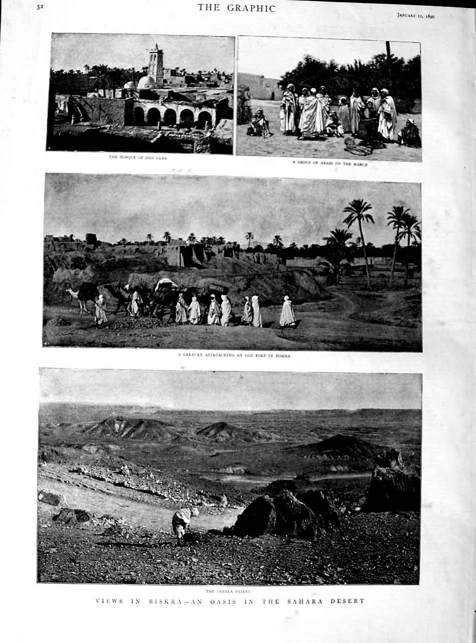 Old Antique Print 1890 Fort Biskra Sahara Desert Mosque Sidi Okba Arabs 19th