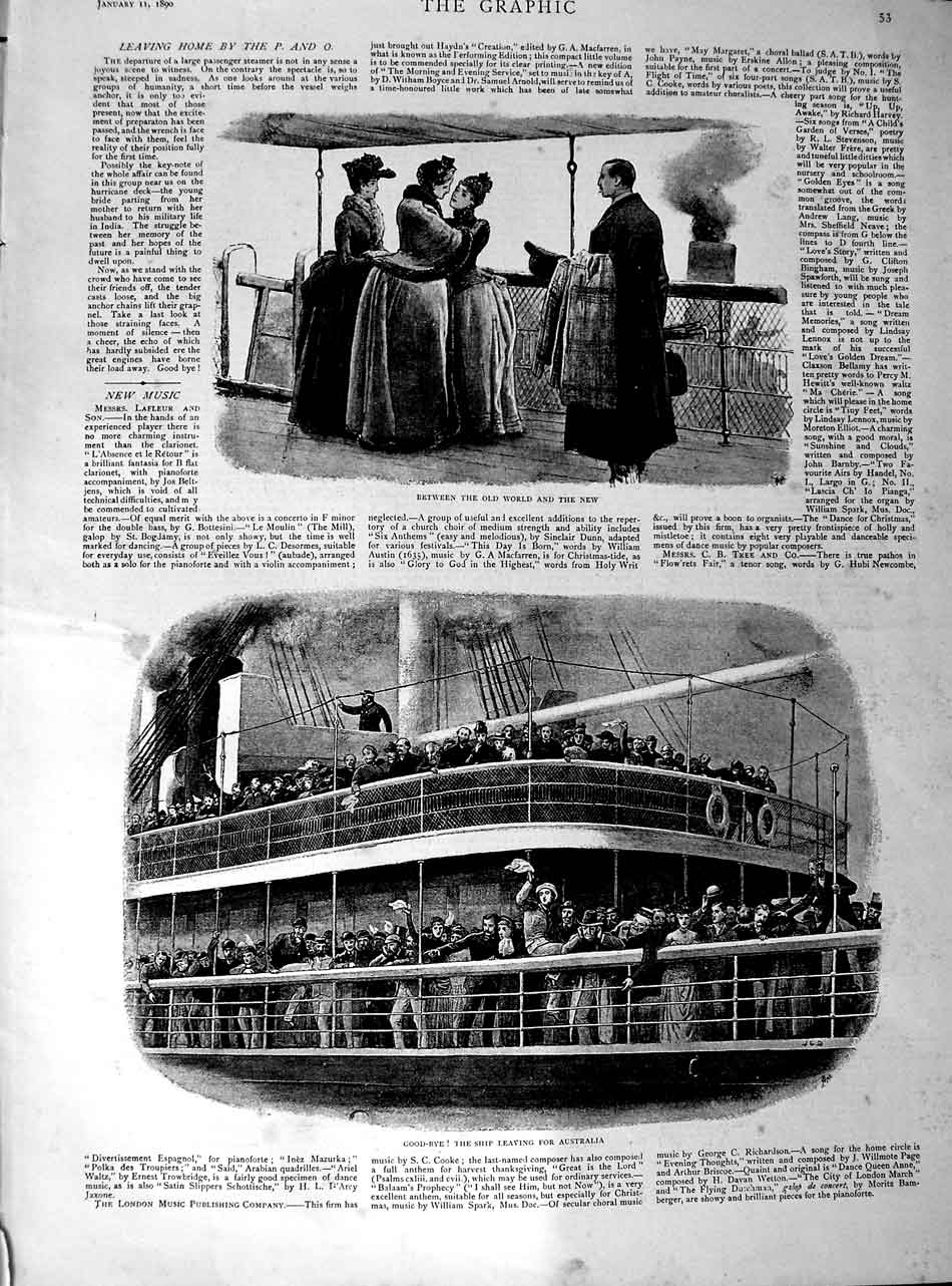 Original Old Antique Print 1890 P And O Ship Passengers Australia Transport
