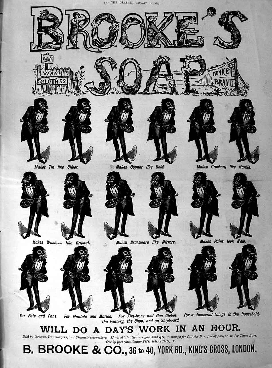 Original Old Antique Print 1890 Advertisement Brookes Monkey Brand Soap London