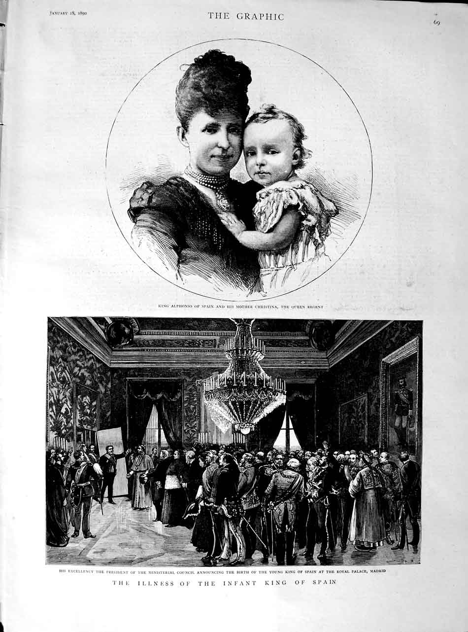 Old Antique Print 1890 Baby King Alphonso Christina Royal Palace Madrid 19th
