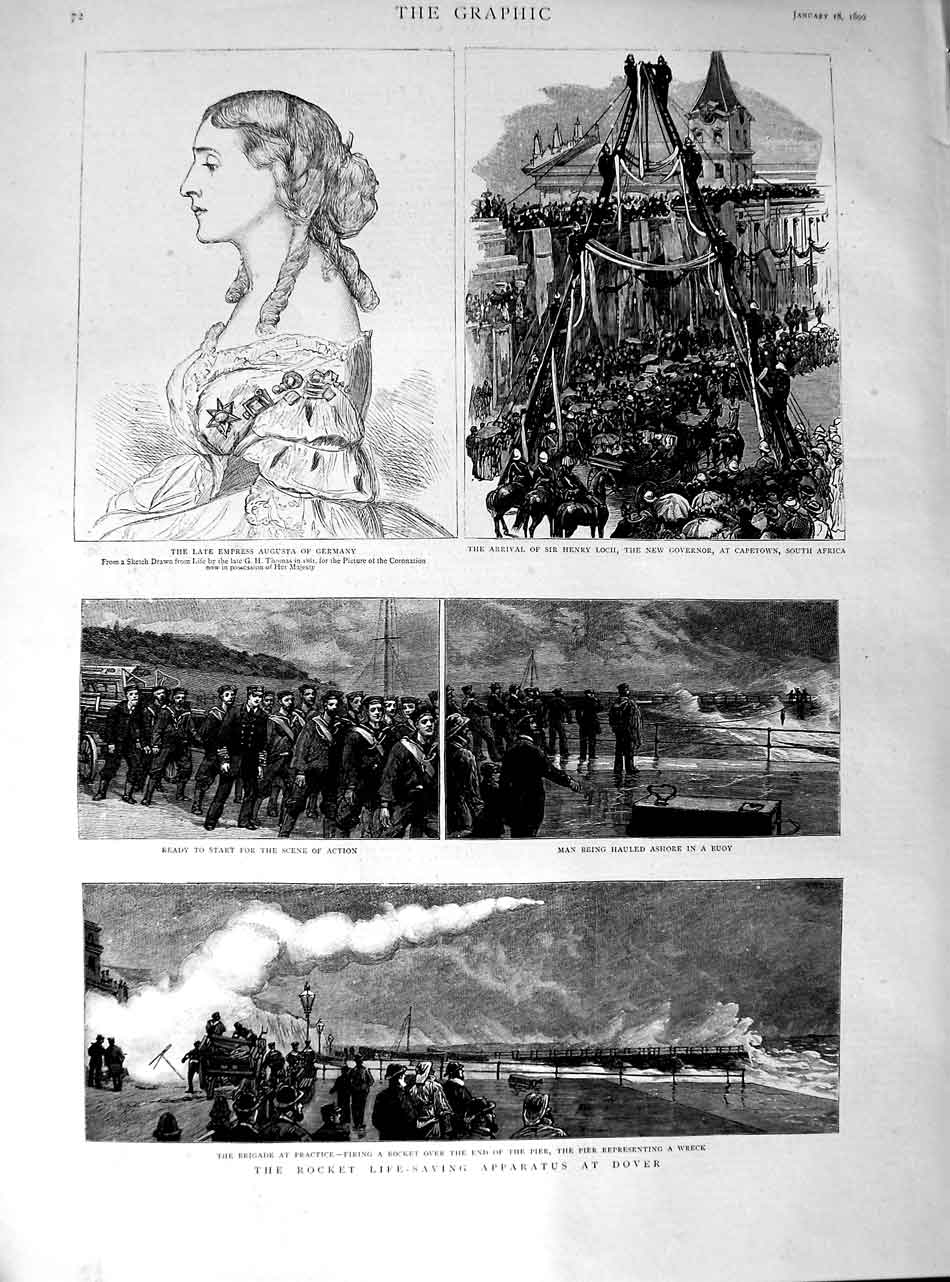 Old Antique Print 1890 Rocket Life-Saving Dover Augusta Henry Loch Africa 19th