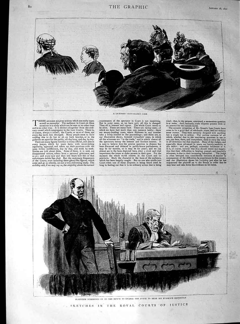 Original Old Antique Print 1890 Royal Courts Justice Licensed Victualler'S Case